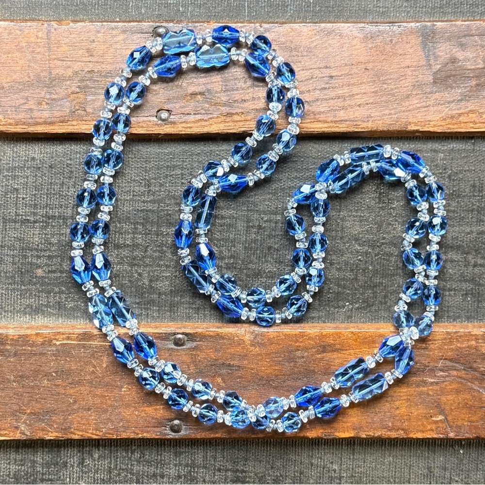 Vintage 1920’s Czech Glass Flapper Necklace; Blue & Clear Geometric Beads; 54”